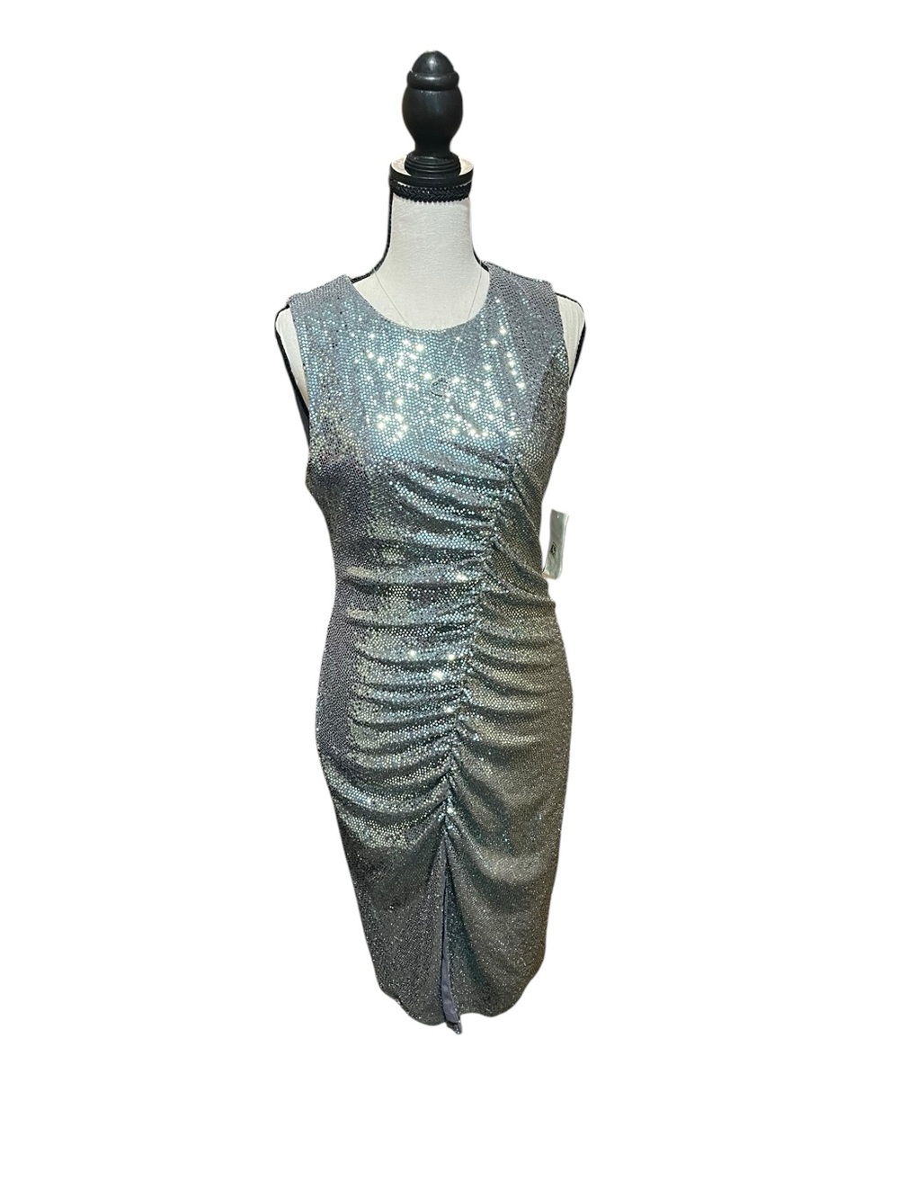 Crystal Doll Silver Sequin Ruched Sheath Dress